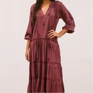 Kyla Seo Burgundy Embroidered Tiered Midi Dress Small Boho Tassel Tie Neck